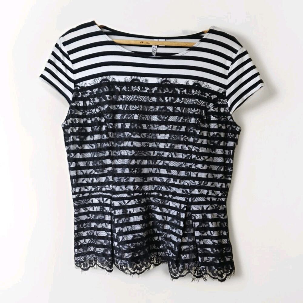 ELLE Women's Blouse Striped With Lace Detail Size L Top Short Sleeve